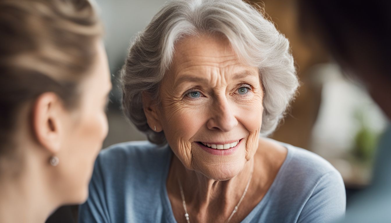 a noble blue eyed woman in her 70-s smiling a face close-up