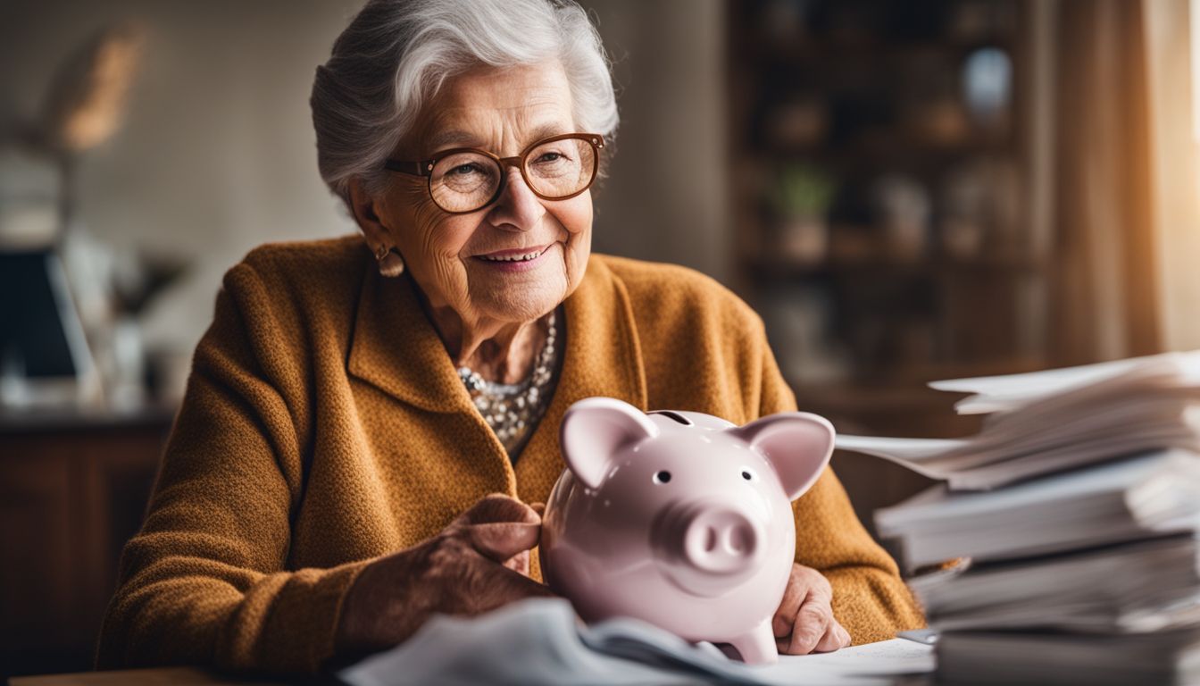 a well dressed elderly woman and a piggy bank in front of her on the table