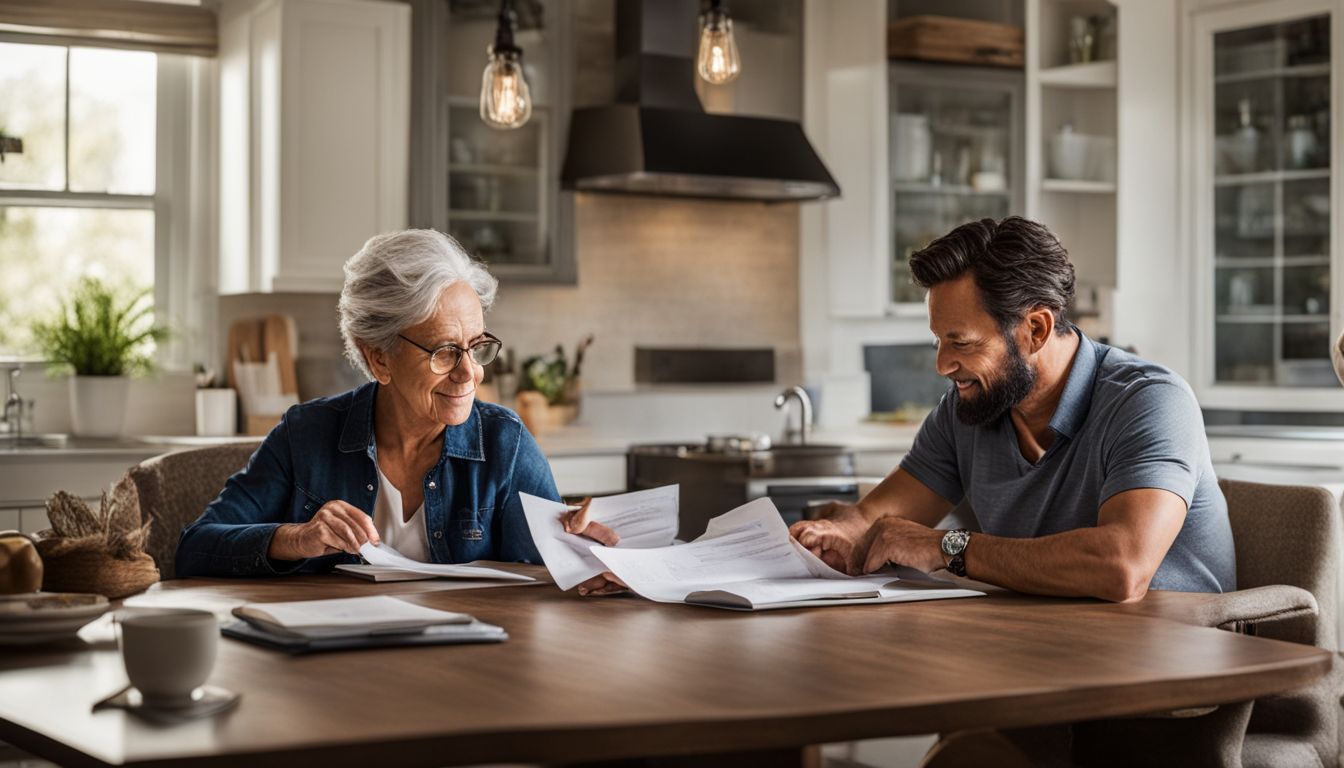 an elderly woman and her son reading legal papers