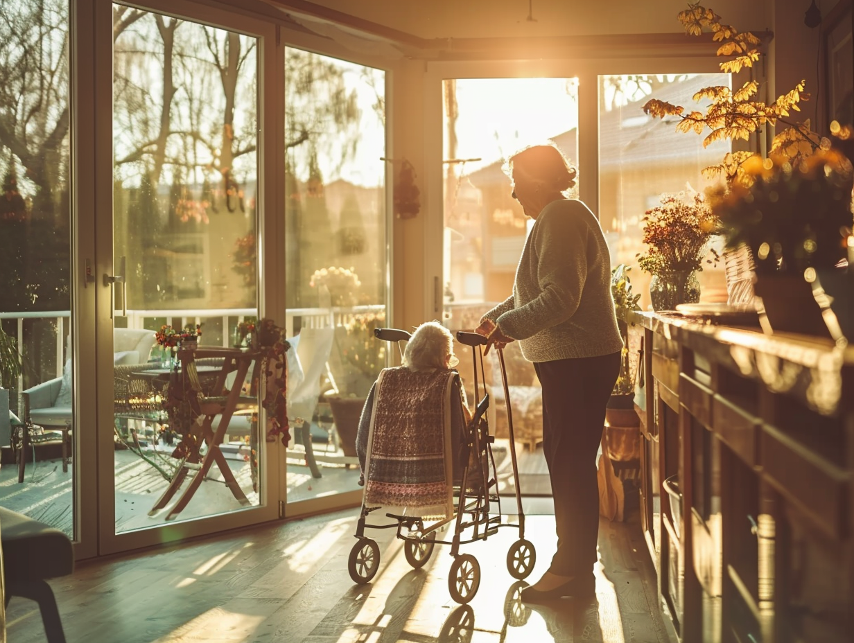 A female caregiver is helping to a senior person in a cozy large room at home 