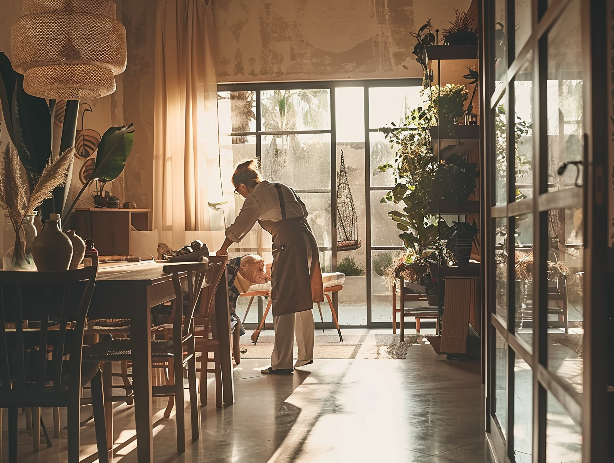 home help for seniors -A female caregiver is doing chores for a senior person in a cozy large room at home