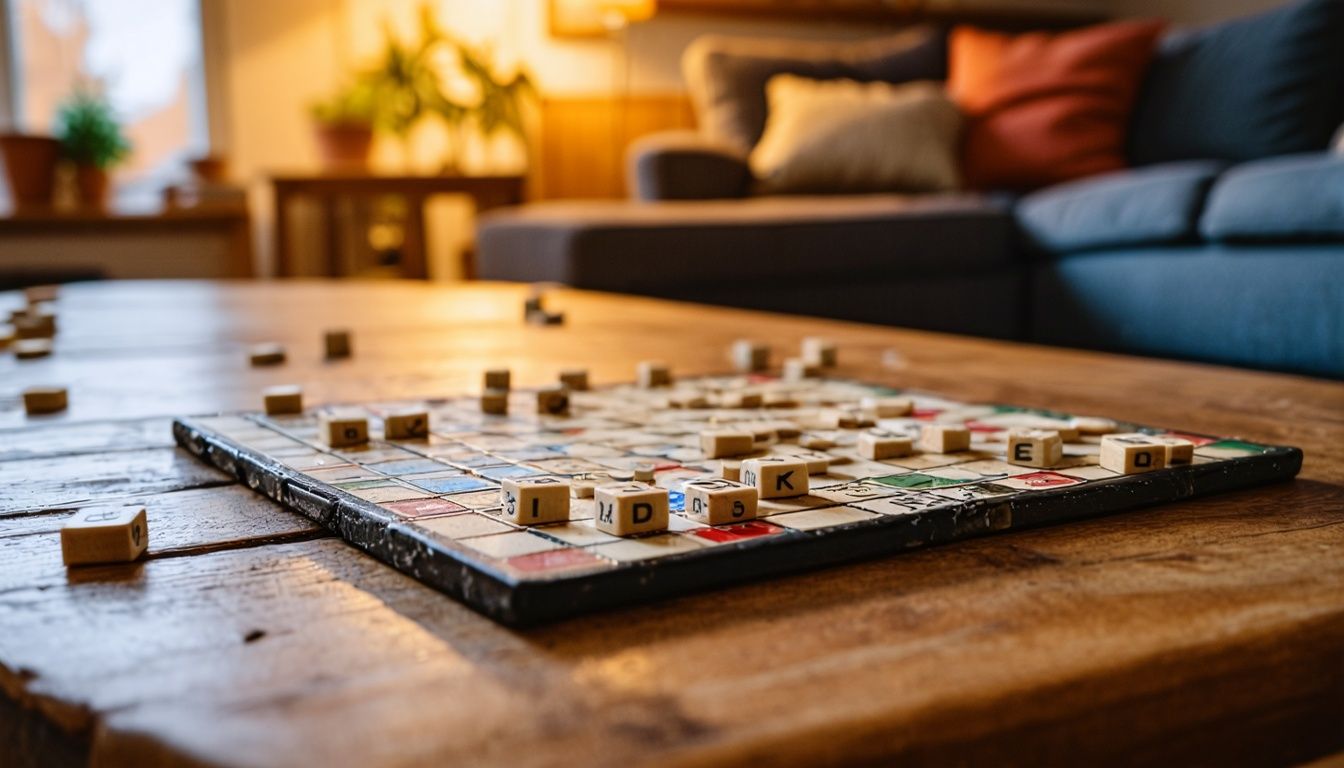 A game of Scrabbleis on the table in a cozy living room