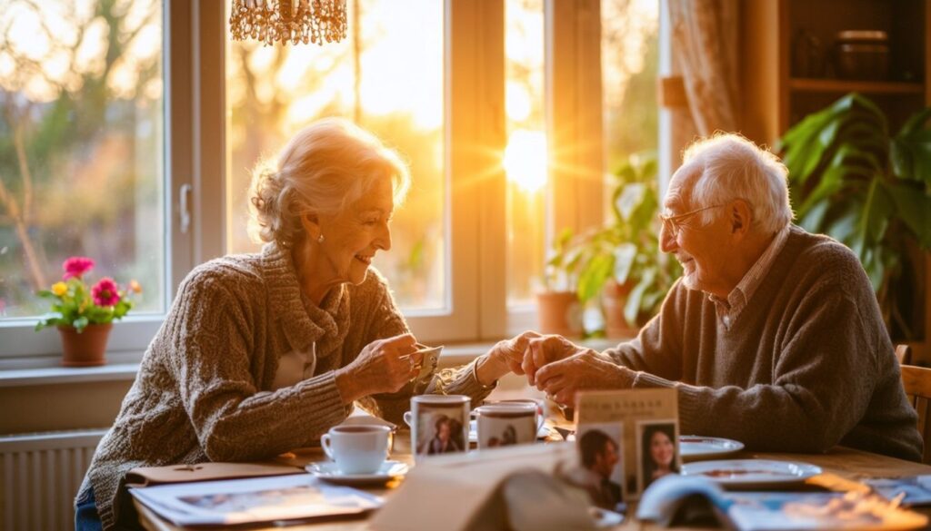 Elderly couple at a dinig table at home smiling