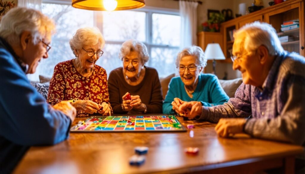 Seniors in Parma Heights, Ohio enjoy playing a colorful board game together in a cozy living room