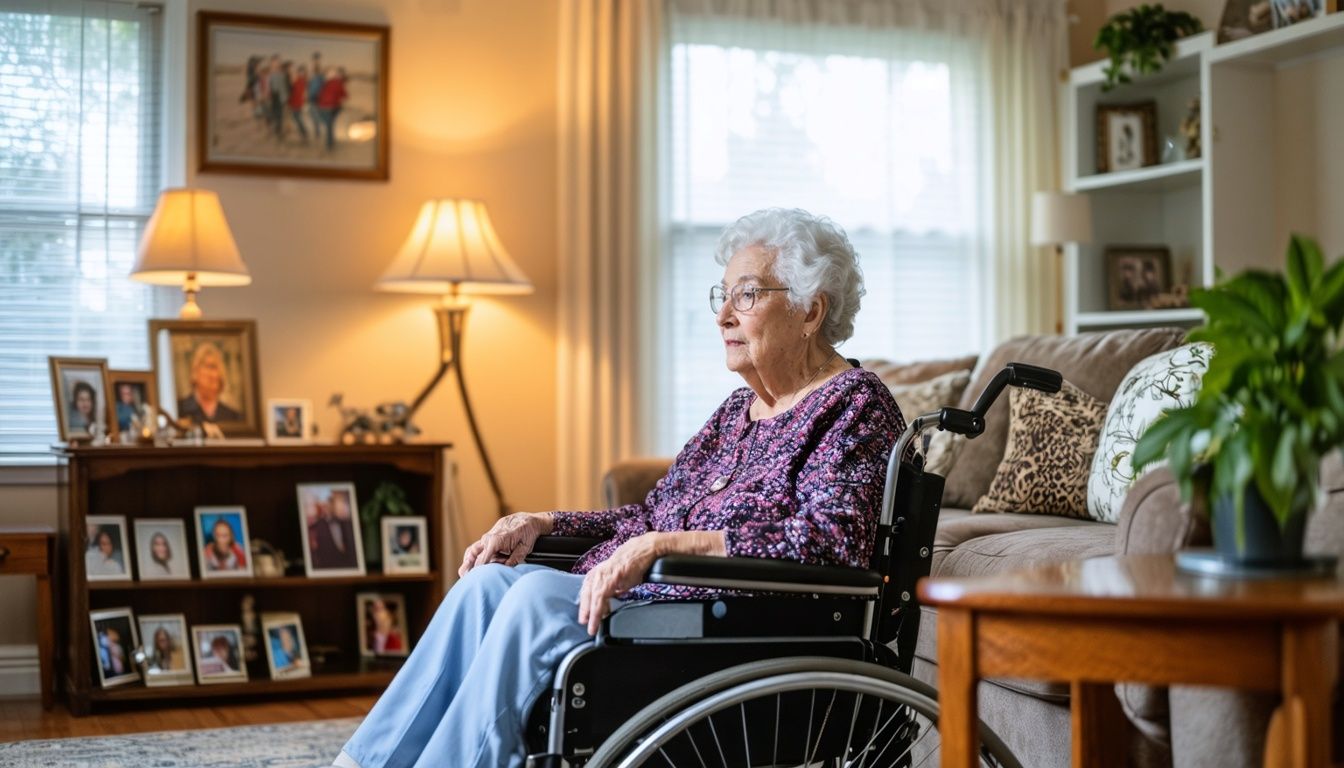 Home Services for Seniors in action: Elderly woman in Parma Heights, Ohio, sitting comfortably in wheelchair-accessible living room at her home, surrounded by family photos