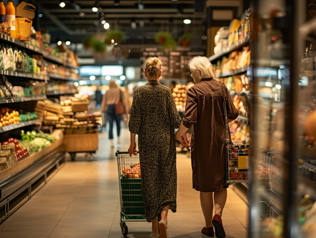 A female caregiver is accompanying a senior person in doing grocery shopping in a large supermarket