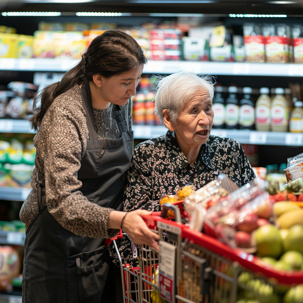 A female caregiver is accompanying a senior woman in doing grocery shopping