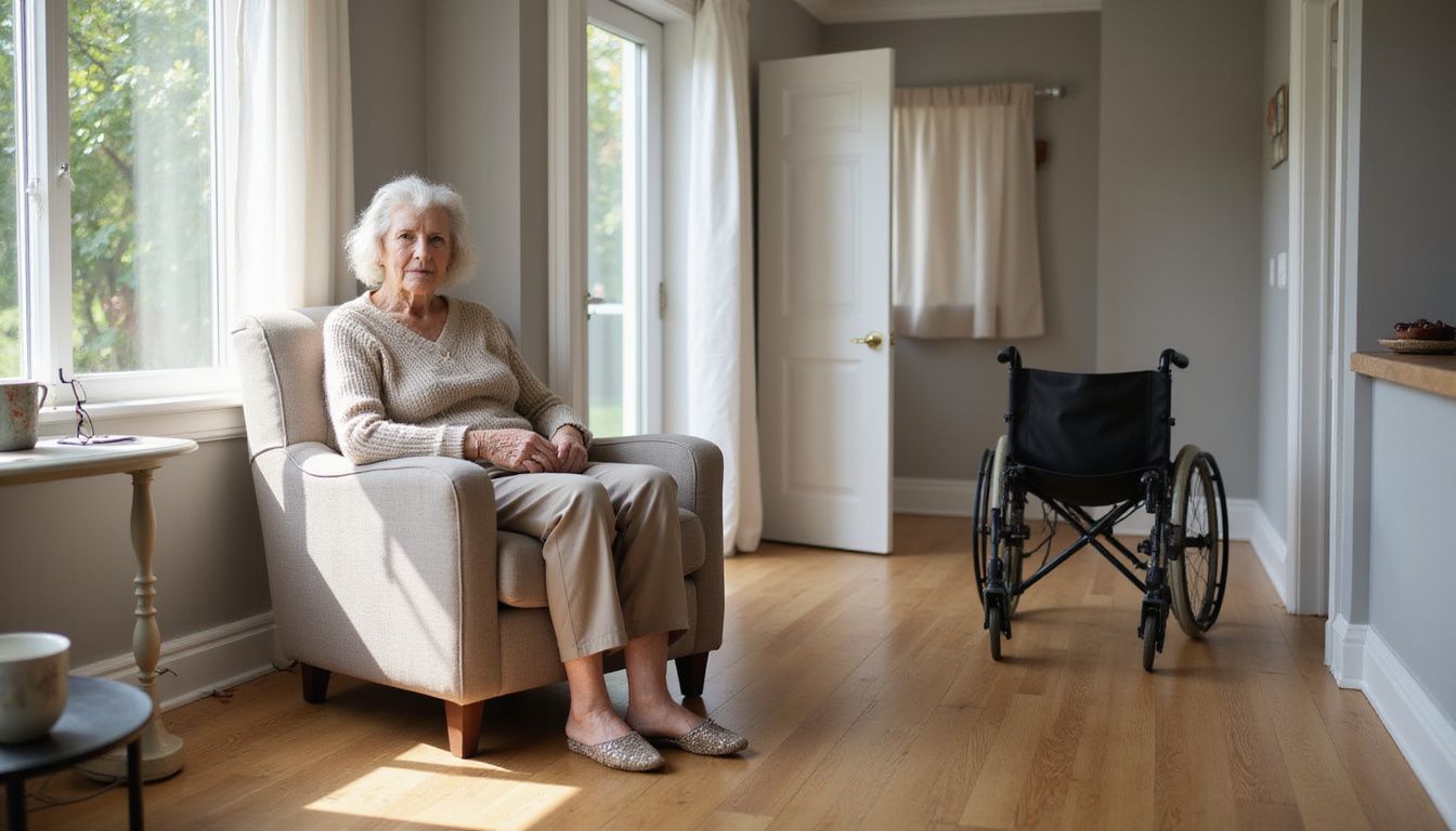 An elderly woman sits in a cozy living room with accessible design and functional details.