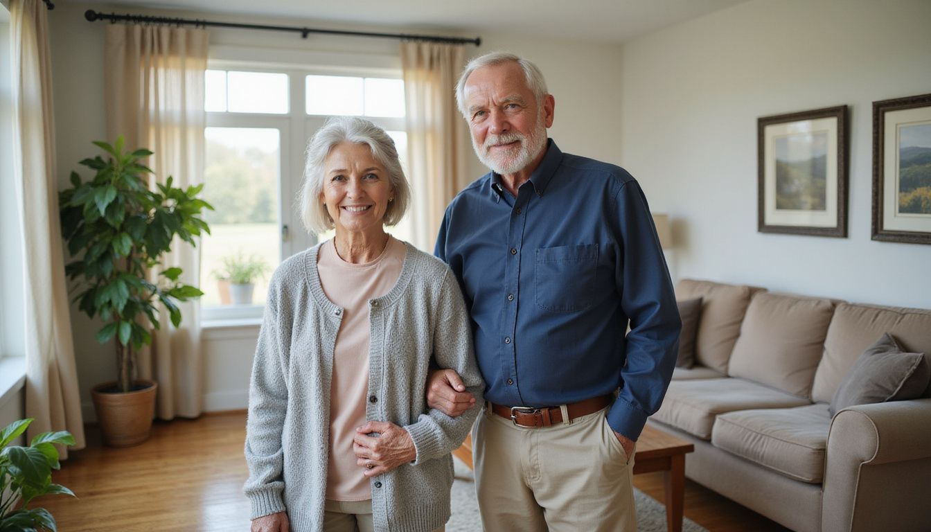 Elderly couple standing in a cozy retirement community living room, dressed in casual attire.