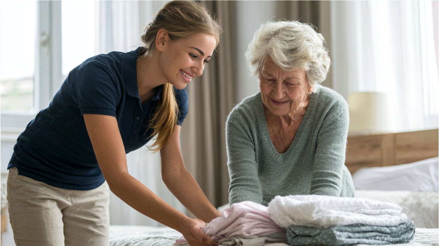 caregiver helps to an elderly woman with laundry
