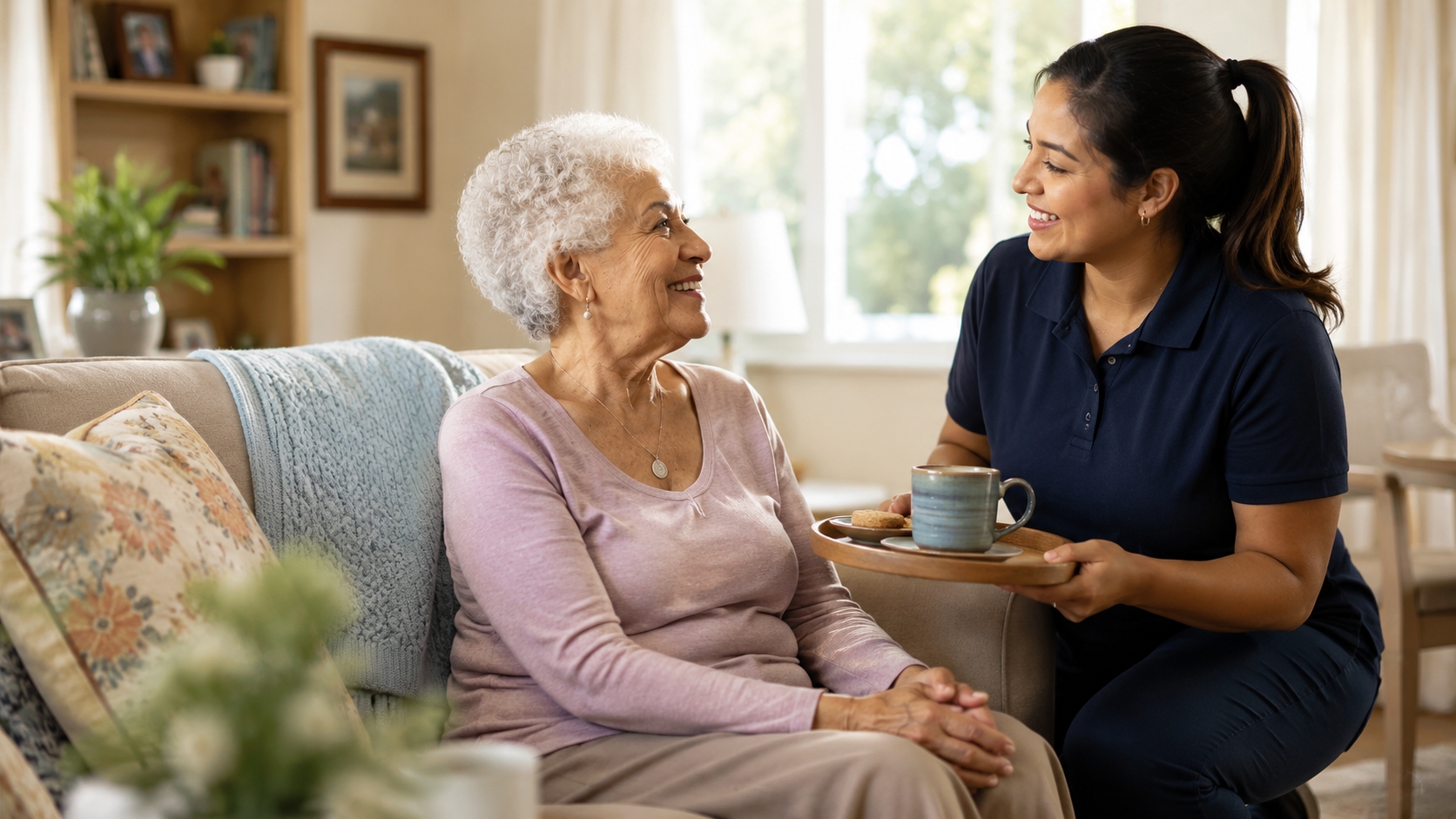 Caregiver serving tea to a smiling senior woman in a bright living room during a warm companionship visit at home
