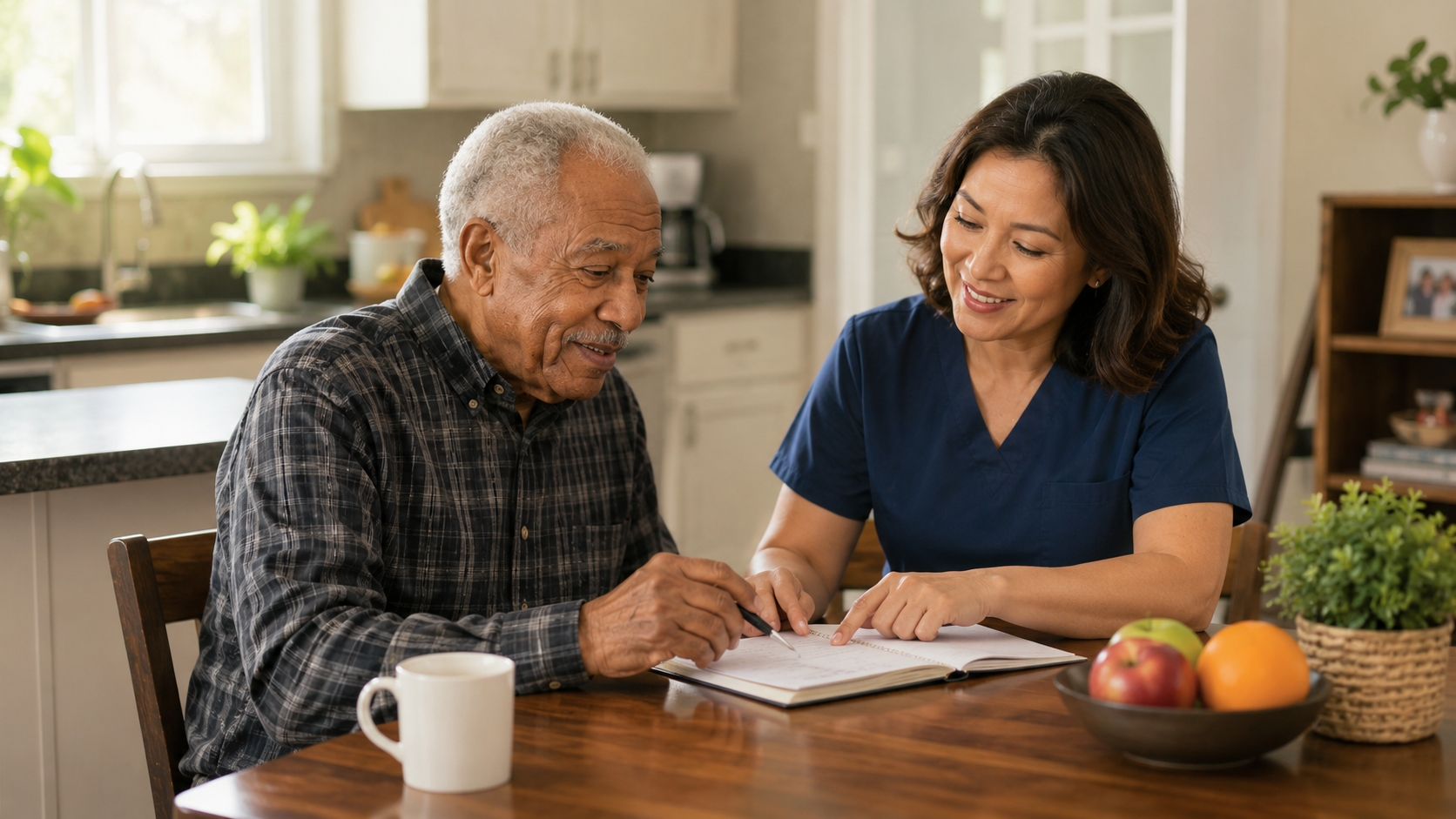 Caregiver sitting with an elderly man at a kitchen table and helping him review notes as part of senior support services at home