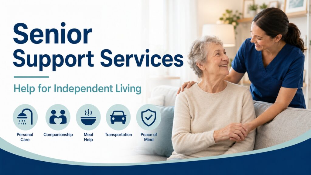 Senior support services infographic showing in-home help for independent living, including personal care, companionship, meal help, transportation, and peace of mind