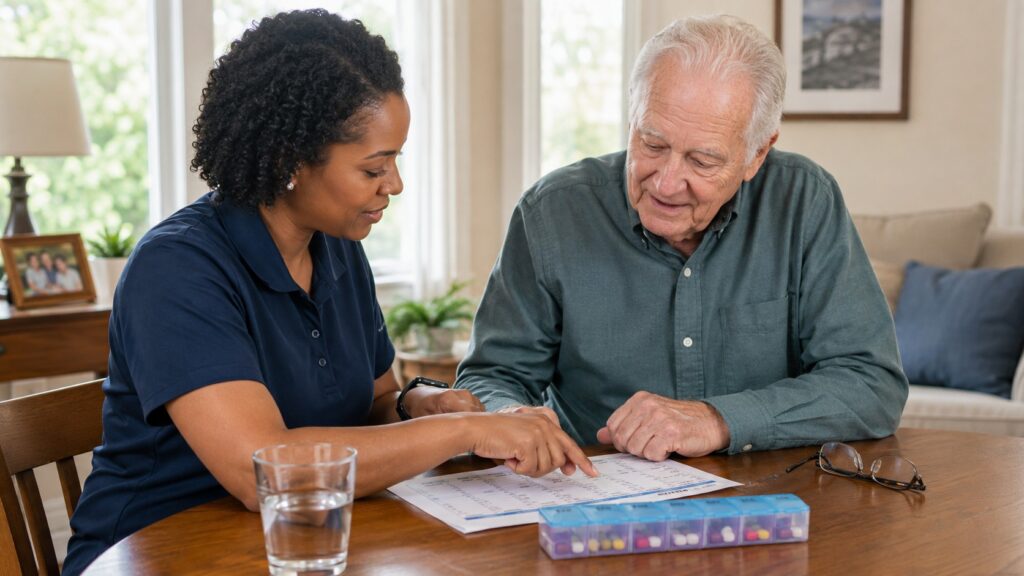 Caregiver and Senior Reviewing a Daily Medication Schedule