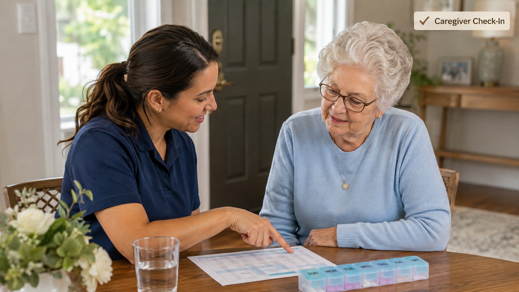 Caregiver Helping a Senior Follow a Medication Schedule at Home
