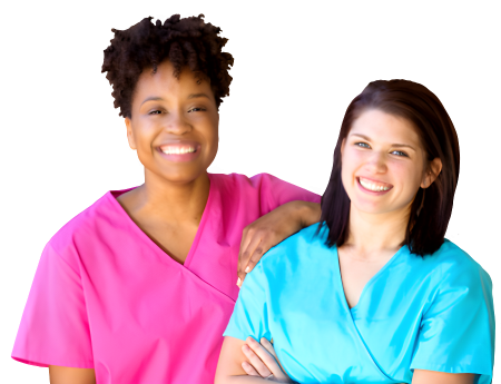 two smiling female caregivers in pink and green uniform